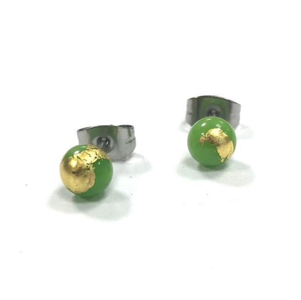 Handmade Apple Green And Gold Glass Stud Earrings
