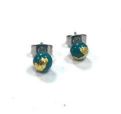 Teal And Gold Glass Stud Earrings