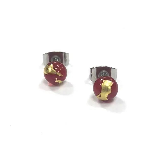 Handmade Red And Gold Glass Stud Earrings