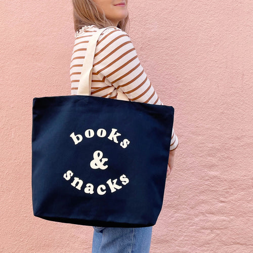 Books & Snacks Tote Bag, Blue
