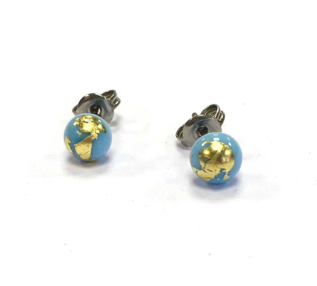 Sky Blue And Gold Glass Stud Earrings