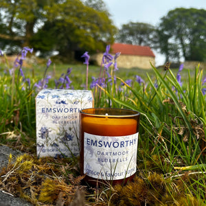 Bluebell candle in amber glass jar amongst bluebells on Dartmoor