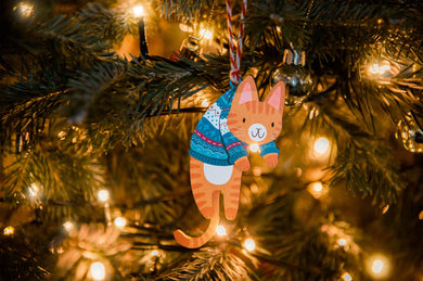 Wooden Ginger Cat Christmas Decoration