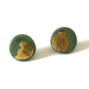 Olive Green Glass Button Stud Earrings