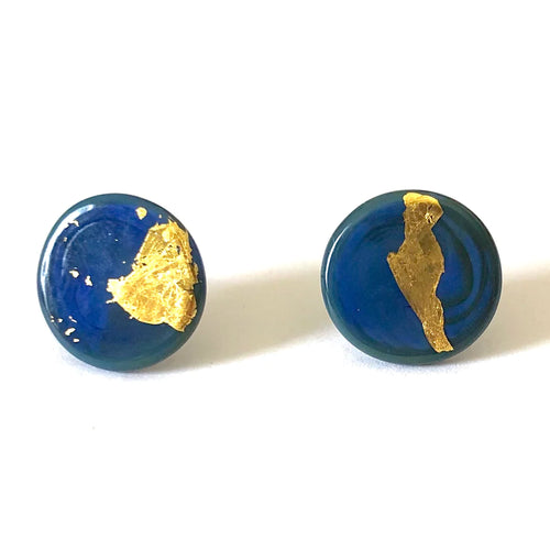 Atlantis Blue And Gold Glass Button Stud Earrings