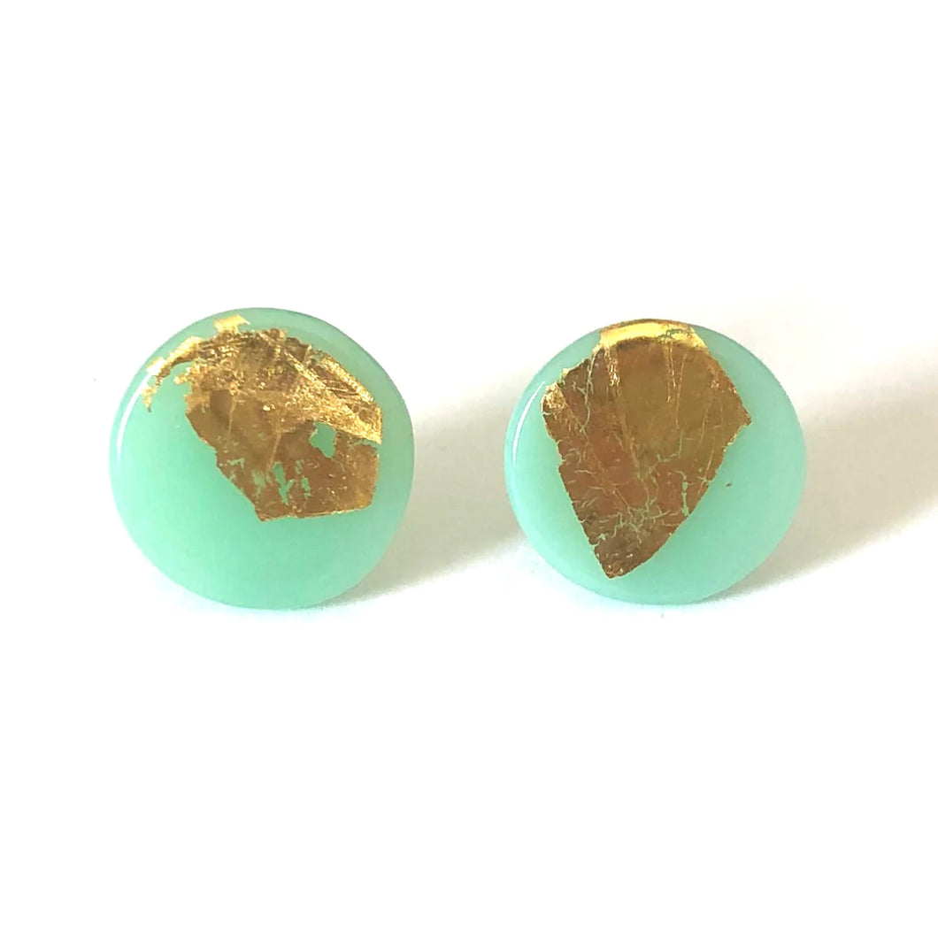 Jade And Gold Glass Button Stud Earrings
