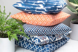 Square Blue, White and Orange Mediterranean Tile Style Safiya Cushion