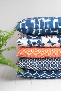Square Blue, White and Orange Mediterranean Tile Style Marisol Cushion