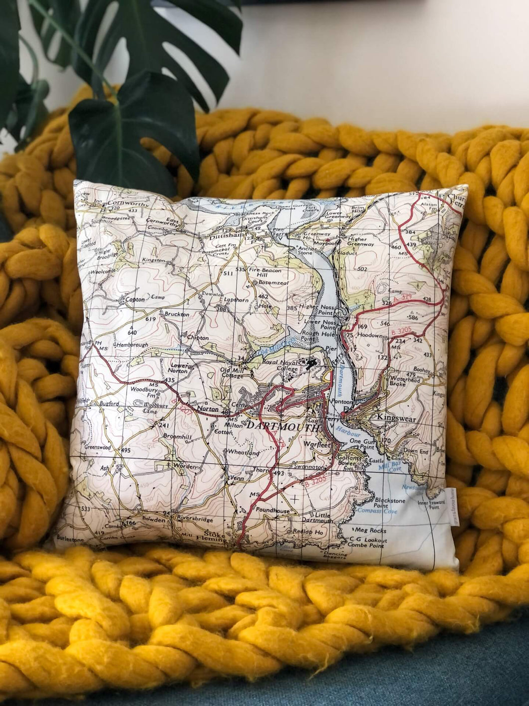 Square Vintage Map Cushion - Dartmouth, Devon