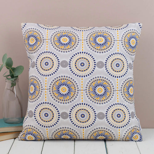 Square Contemporary Navy, Mustard and Grey Dime Print Cushion
