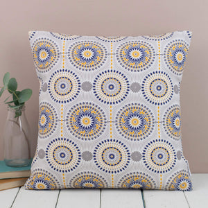 Square Contemporary Navy, Mustard and Grey Dime Print Cushion