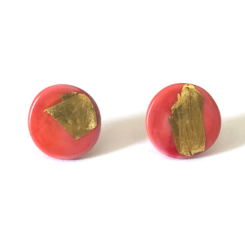 Coral And Gold Glass Button Stud Earrings