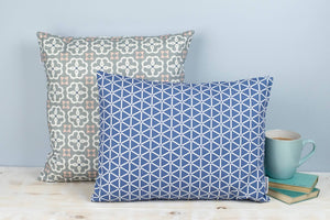 Rectangular Geometric Blue and White Karin Print Cushion
