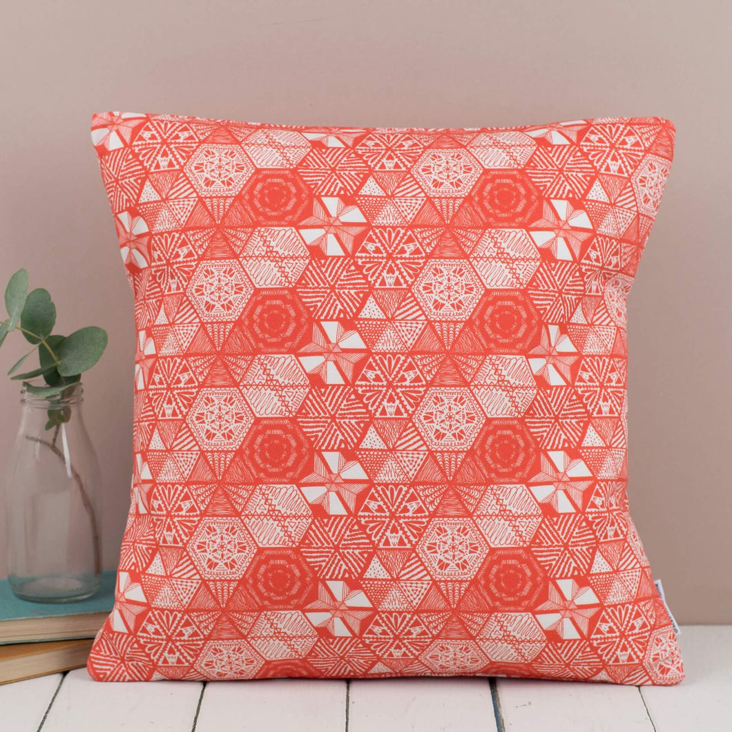 Quirky Vintage Hexie Doodle Coral Cushion
