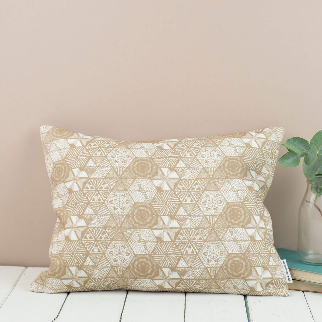 Rectangular Quirky Vintage Hexie Doodle Taupe Cushion
