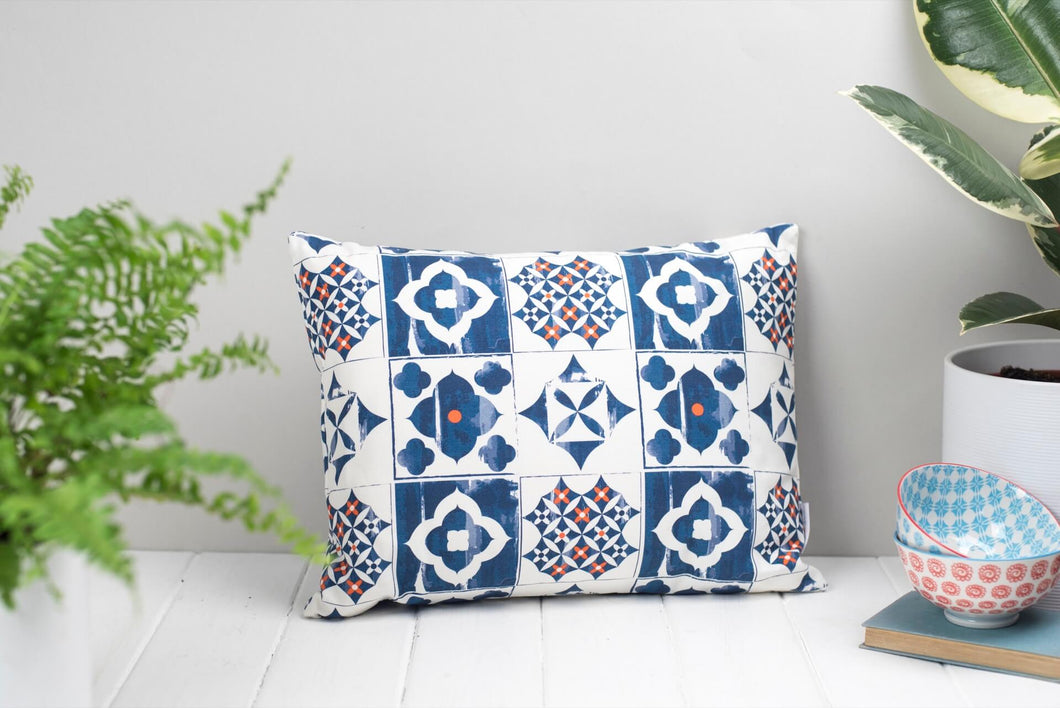 Rectangular Blue, White and Orange Mediterranean Tile Style Marisol Cushion
