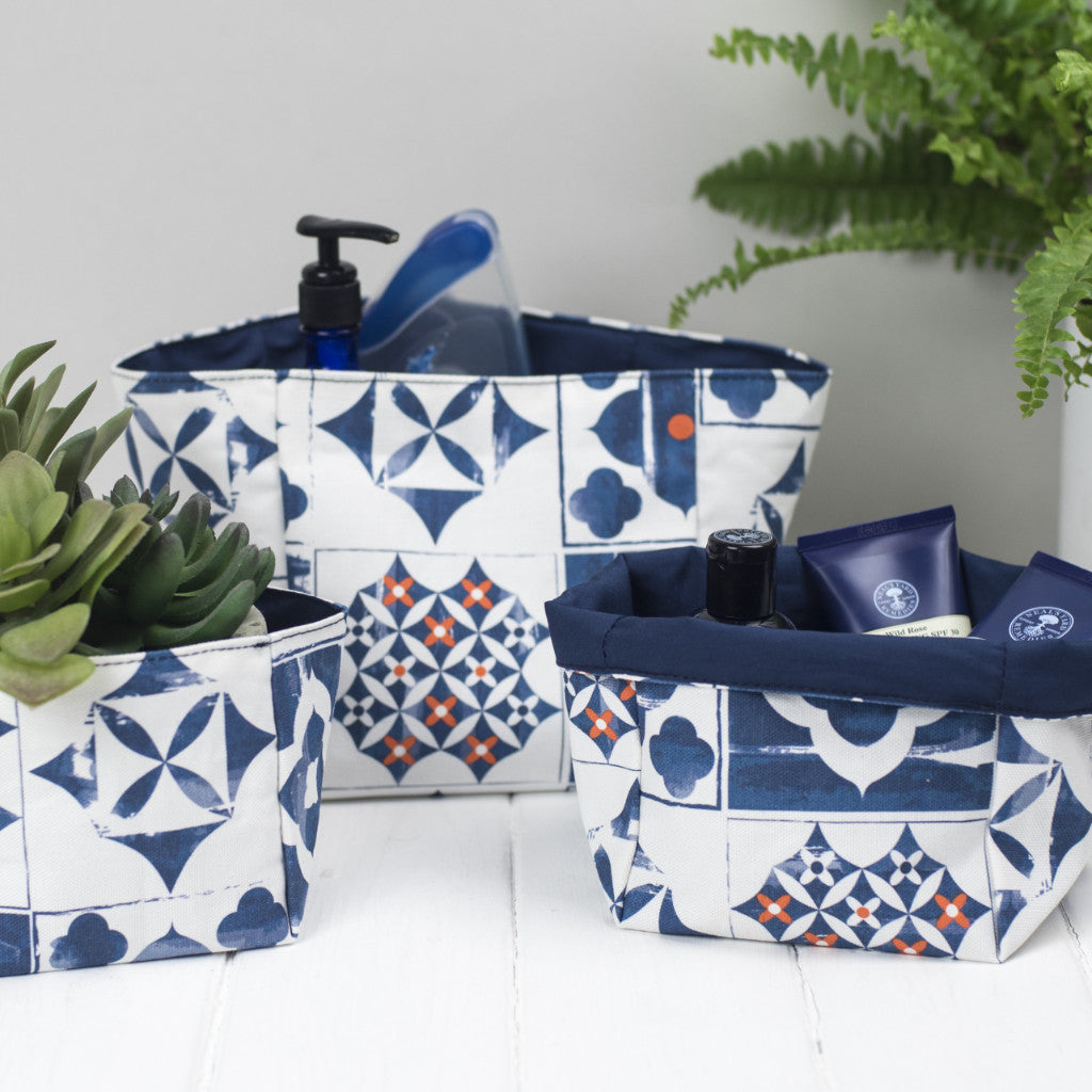 Blue, White and Orange Mediterranean Tile Style Marisol Fabric Storage Boxes