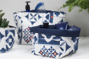 Blue, White and Orange Mediterranean Tile Style Marisol Fabric Storage Boxes