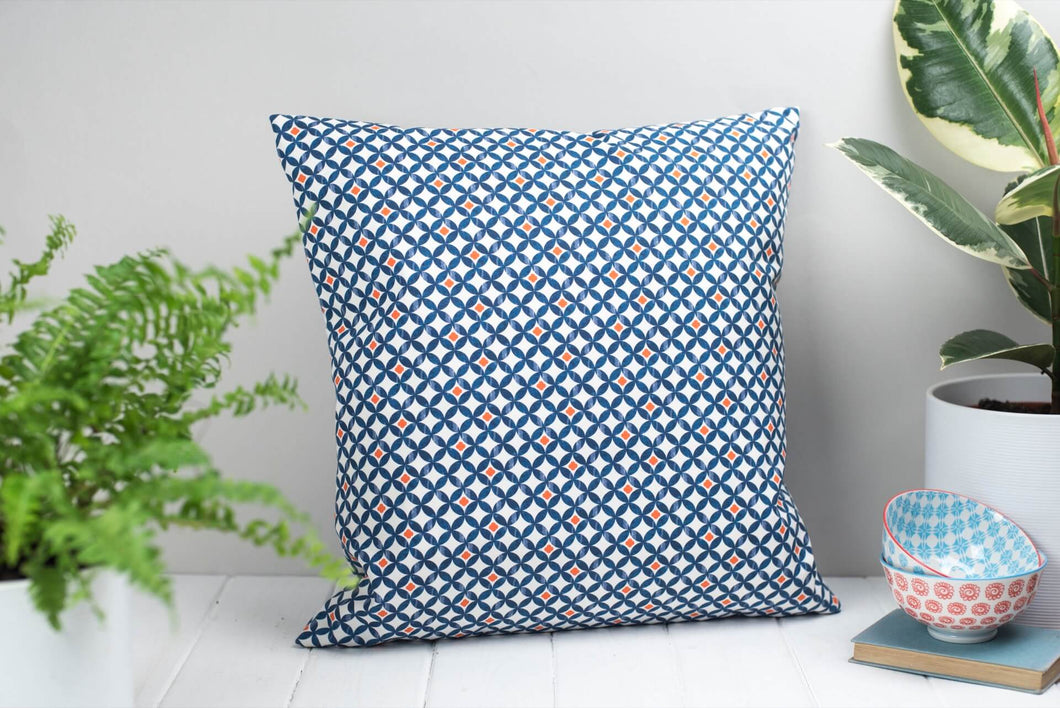 Square Blue, White and Orange Mediterranean Tile Style Safiya Cushion