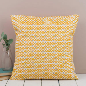 Square Contemporary Mustard, Grey and White Suits Print Cushion