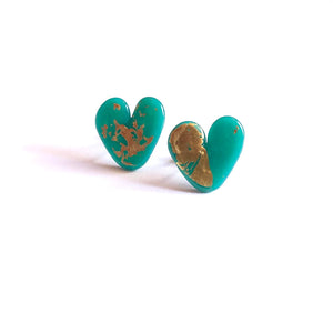 Handmade Teal Glass Heart Stud Earrings