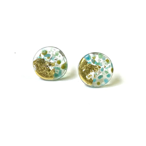 Aqua Glass And Gold Mottled Stud Earrings