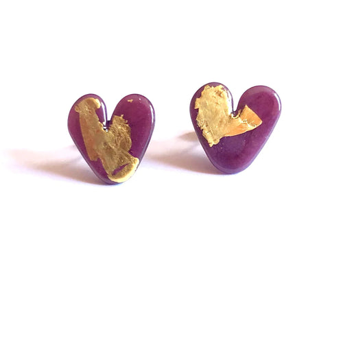 Handmade Plum Glass Heart Stud Earrings