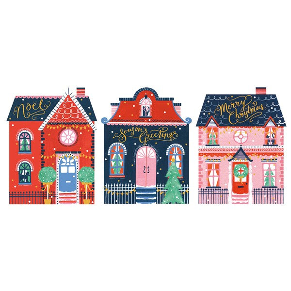 Festive Houses Christmas Cards, Boxed Set of 12